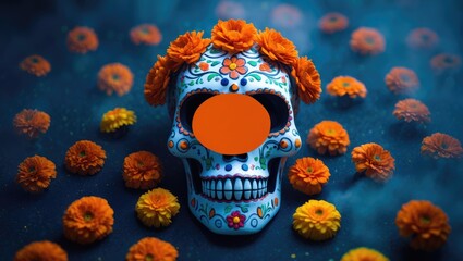 Poster - Celebration of the Dead, Dia De Los Muertos, Halloween Festivity Background. Decorative Sugar Skull, Marigold Blossoms, Orange Space for Text. Traditional Mexican cultural festival poster. Flat lay...