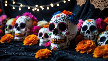 Poster - Day of the Dead Halloween Festivities Background Featuring Sugar Skulls. Close-Up with Selective Focus and Empty Space.