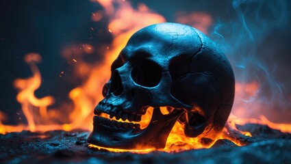 Aufkleber - Black skull amidst glowing flames and lava - Photograph