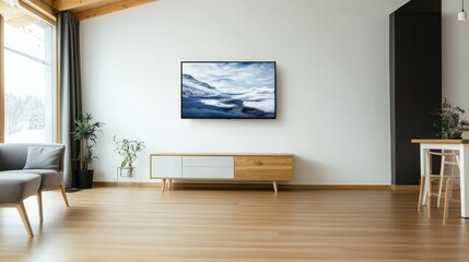 Poster - This elegant living room features a wall-mounted TV, wooden lowboard, and modern decor in neutral tones, illuminated by natural light from large windows