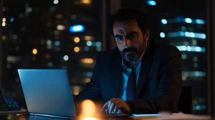 Poster - An Indian businessman engages in work at a sleek desk late at night, his laptop open and warm ambient lighting accentuating his sharp suit and concentrated expression