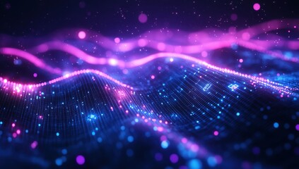Poster - Futuristic Digital Waves with Neon Glow and Sparkling Lights in Abstract Technology Background for Modern Design and Innovation Projects