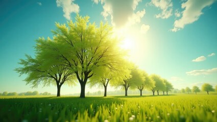 Poster - Vibrant spring scenery showcasing lush, green trees under a clear, sunny sky.