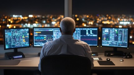Poster - An engineer focused on monitoring various computer screens in a refinery control room at night, surrounded by glowing data visuals and low light