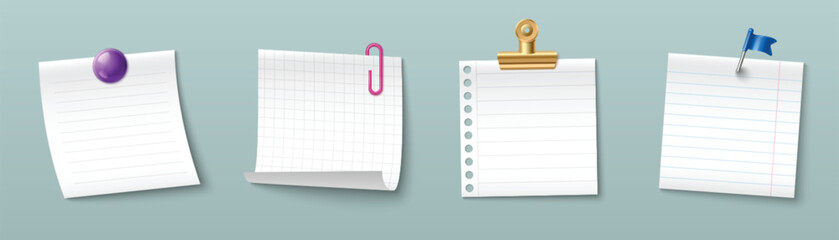 Poster - Paper clip and binder set with blank note sheets. Memo types attached by thumbtack, fastener, clasp and flag pin. Empty lined and grid pages. Realistic stationery mockup for task management design.