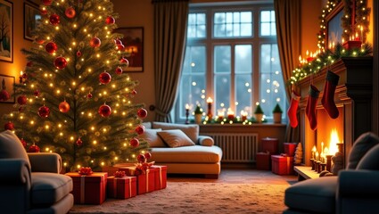 Poster - Christmas-themed living room decoration with festive details. Holiday interior setup.
