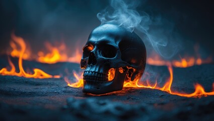 Aufkleber - Black skull amidst glowing flames and lava - Image.
