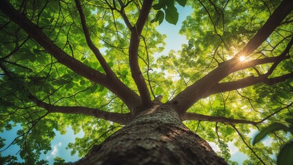Poster - a vibrant forest scene. Sunlight filters through green foliage on a tree. view from the base upward