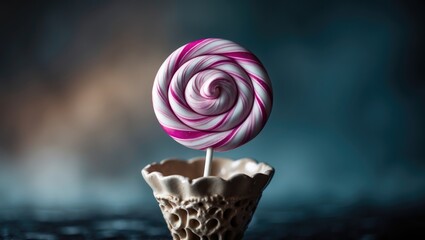 Aufkleber - Vibrant meringue swirl lollipop in a ceramic holder. Close-up with space for text.