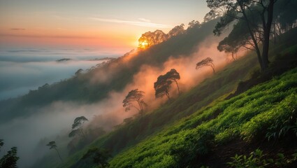 Aufkleber - Vibrant dawn above a steep hillside enveloped in trees and mist