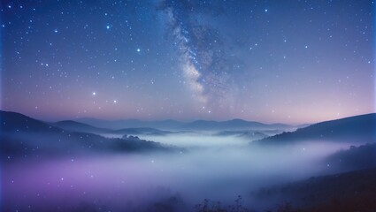 stunning view of a starry night sky above a misty mountain valley. serene landscape featuring fog-co