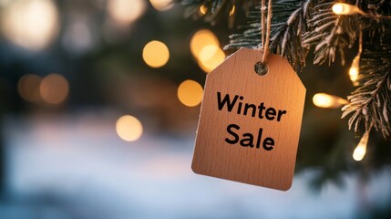 Poster - A wooden tag displaying Winter Sale hangs from a frosted pine branch, softly lit by warm fairy lights, creating a cozy winter atmosphere for seasonal shopping