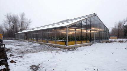 Poster - A modern glass greenhouse shows frost on its exterior, surrounded by a garden covered in snow, while weak sunlight filters through gray clouds