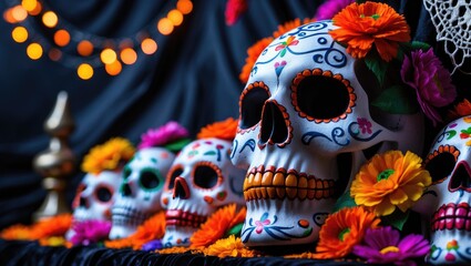 Poster - Halloween Celebration Background Featuring Sugar Skulls for Dia De Los Muertos. Close-Up Focus with Space for Text.