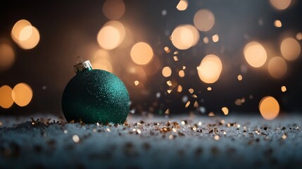 Aufkleber - A sparkling green ornament sits in faux snow, surrounded by gold glitter, enhancing a warm holiday atmosphere perfect for seasonal decorations