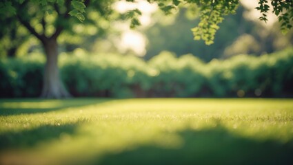 Poster - fuzzy backdrop featuring lush trees and a beautiful lawn The shadows cast by the shrubs appear neat, smooth, and grassy.