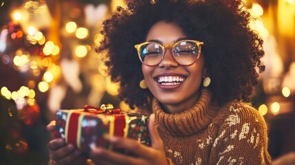 Aufkleber - A woman joyfully hugs a Christmas present, surrounded by cozy holiday decor and gentle ambient lighting, capturing the spirit of the festive season