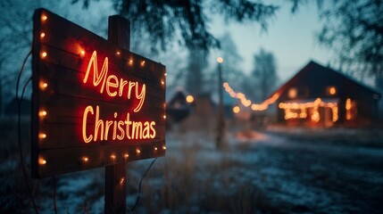 Aufkleber - A rustic wooden sign glows with string lights, wishing a Merry Christmas. A cozy house shines in the distance, surrounded by a snowy landscape at dusk