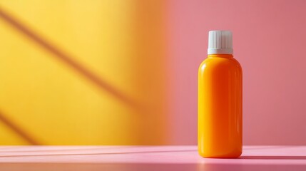 Poster - Colorful lotion bottle stands prominently on a pastel pink surface, with subtle reflections and blurred beauty items creating an elegant backdrop