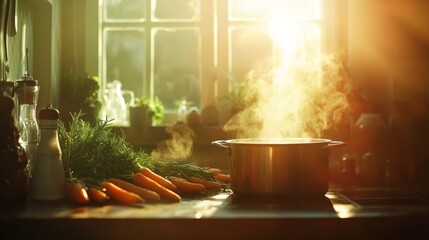Poster - A steaming pot sits on a rustic wooden table, accompanied by fresh rosemary, garlic, and vibrant carrots, all illuminated by warm golden sunlight