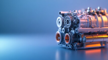 Poster - This display features a detailed mechanical engine with interlocking gears and parts, set against a calming pastel blue backdrop, designed for commercial use