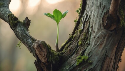 Poster - Idea of rejuvenation illustrated by young shoots growing from old trees. Represents new beginnings or business growth.