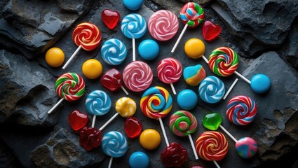 Poster - Vibrant sweets and lollipops scattered on a rocky surface. Overhead view with space for text.