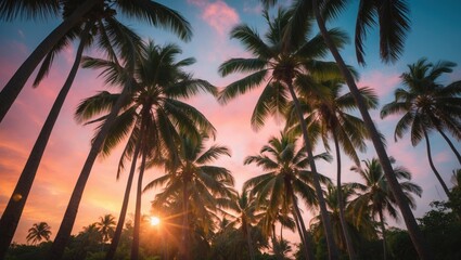 Poster - Tropical coconut and palm trees silhouetted against a bokeh sunset sky backdrop.