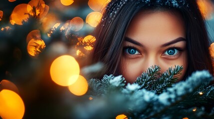 Poster - A woman with long brown hair and shimmering blue eyes gazes through evergreen branches blanketed in snow, surrounded by blurred festive golden lights