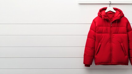 Leinwandbilder - A bold red puffer jacket hangs neatly on a sleek white rack, casting delicate shadows against an understated background, showcasing modern fashion design