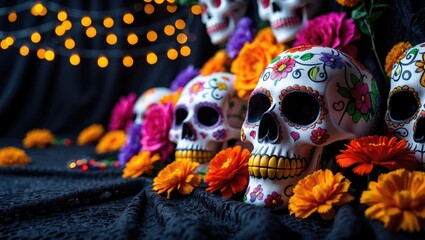 Poster - Halloween Celebration Backdrop Featuring Sugar Skulls for Dia De Los Muertos. Close-up Focus with Blank Space.
