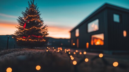 Aufkleber - A beautifully adorned Christmas tree stands in the corner of a warm living room, illuminated by soft lights, with a crackling fireplace creating a festive atmosphere