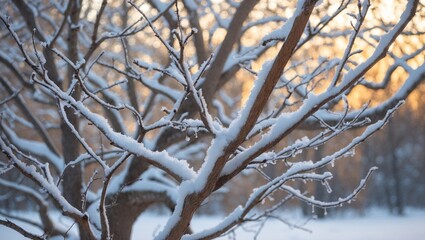 Poster - Detailed view of snow-covered bare tree branches during a cold winter day. Insightful perspective on natural plant life. High-quality image.