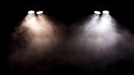 Aufkleber - Intense white spotlights illuminate a foggy stage with swirling mist, creating a dramatic atmosphere in a dark setting, featuring ample copy space on one side