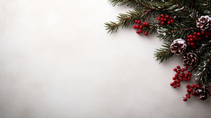 Poster - A top-down view captures a decorative layout of evergreen branches, red berries, and snow-dusted pinecones, showcasing an inviting holiday vibe