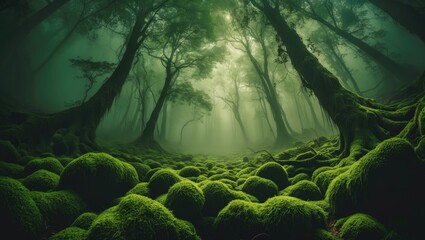 Poster - Lush green natural vista from below. Blank space for biological design. Theme of organic, untamed nature. Banner.