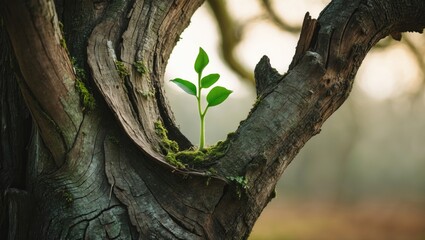 Poster - Idea of rejuvenation represented by budding seedlings emerging from old trees. A sign of renewal or business growth.