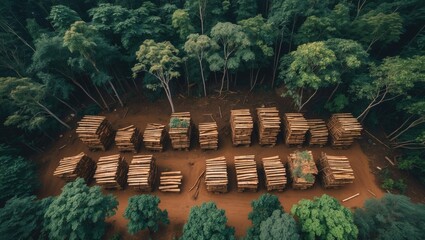 Poster - Aerial view of tree removal and forest destruction. Unlawful logging practices and forest clearing observed. Stacked timber arranged in lines. Illegal depletion of forested areas and environmental ...