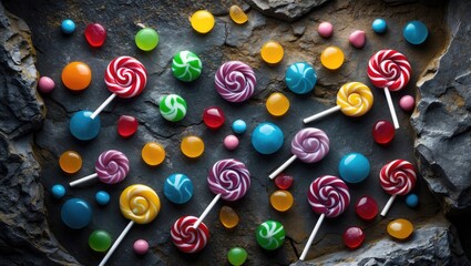 Poster - Vibrant sweets and lollipops scattered on a rocky surface. Elevated view with room for text.