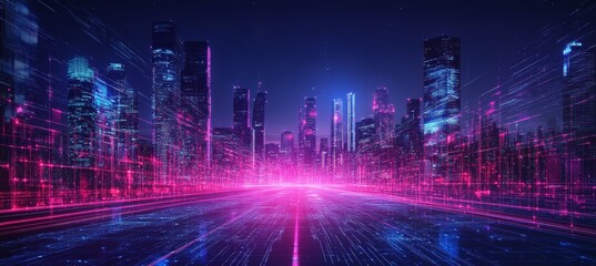Aufkleber - Cyberpunk virtual highway technology with city building. Generative AI technology.	
