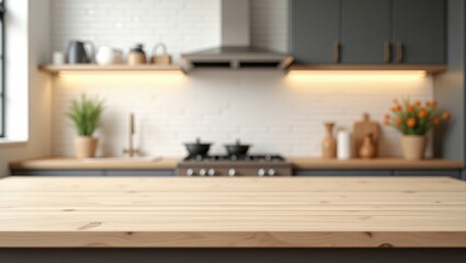 Aufkleber - Blurry modern kitchen scene with an empty tabletop, suitable for showcasing products.