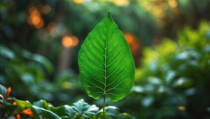 Aufkleber - Detailed view of a vibrant green leaf surrounded by blurred greenery in a garden, with space for text. Ecology, backdrop of lush plants utilized as a background.