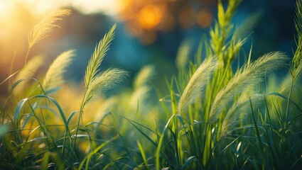 Poster - Detailed view of lush green summer grass and weeds under bright sunlight, with a backdrop of vivid hues.