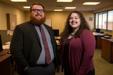 Poster - A business couple stands side by side, smiling confidently in a modern office with a clean, bright workspace in the background, epitomizing professionalism
