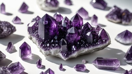 Aufkleber - Macro view of purple rough amethyst quartz crystals set against a white backdrop.