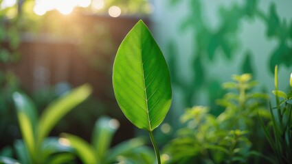 Aufkleber - Artistic Image of a vibrant green leaf in a sunlit garden, featuring a soft focus on foliage in the background, complemented by fresh wallpaper and surrounding plants.