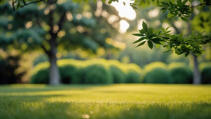 Poster - soft-focus view of verdant trees and a beautiful lawn; the shrubbery casts clean, smooth shadows on the grassy surface.