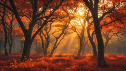 Poster - vibrant autumn woodland scene glowing dawn in a beautifully colored forest, with sunlight streaming 