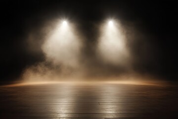 Poster - Spotlights illuminate a minimalist stage enveloped in soft fog, enhancing the modern aesthetic and creating a captivating atmosphere suitable for various events