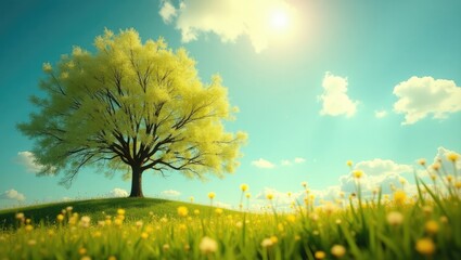 Poster - Springtime scenery showcasing vibrant, green trees under a sunny sky.